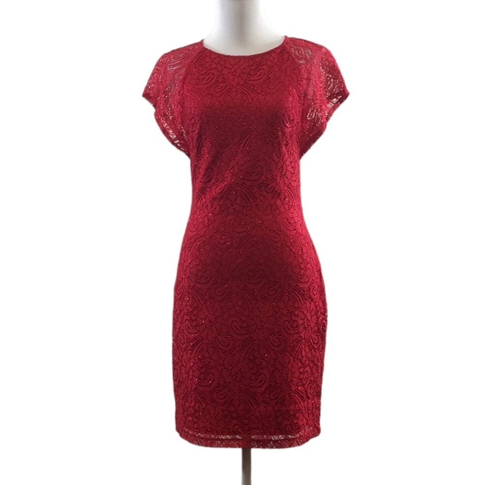 Belle Badgely Mishcka Red Floral Lace Sheath Dress Womens 0 Butterfly Sleeve